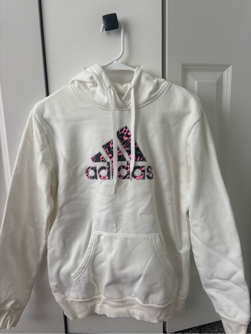 adidas White Hoodie with Pink Leopard Logo Accent